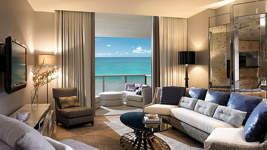 Sofá de mar interior, habitación, interior, sofá, mar, balcón, Fondo de pantalla HD HD wallpaper