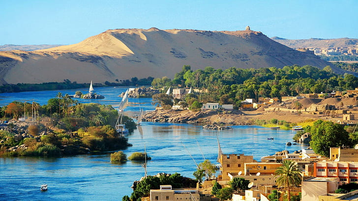 Asuan Egipt, zielone drzewa, pustynia, miasto, łodzie, jezioro, przyroda i krajobrazy, Tapety HD