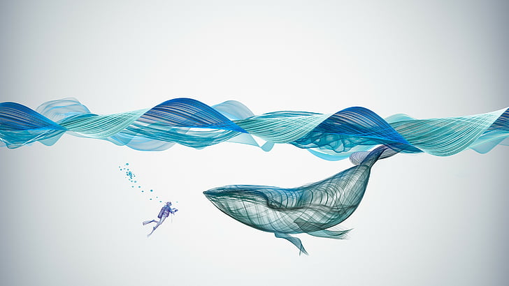 голубая китовая акула под водой, кит, волны, под водой, произведение искусства, 4k, HD обои