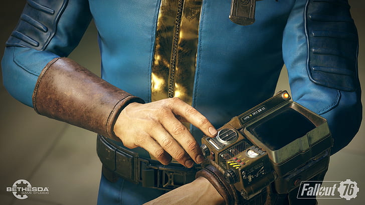 close-up, art, Fallout, ., Bethesda Game Studios, Fallout 76, Vault Suit in armor, character on your wrist Pip-Boy, Asylum 76, RobCo Industries, action role-playing game RPG, HD wallpaper
