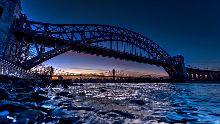 HDR, tramonto, fiume, ponte, paesaggio urbano, Ponte di Brooklyn, Ponte di Manhattan, New York City, Sfondo HD