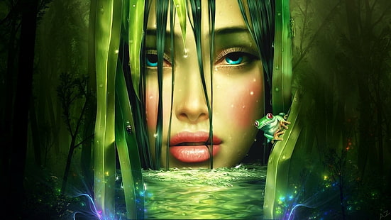 fantasy, face, dream, frog, artistic, artwork, girl, woman, special effects, magical, fairy, fantasy art, forest, witch, HD wallpaper HD wallpaper