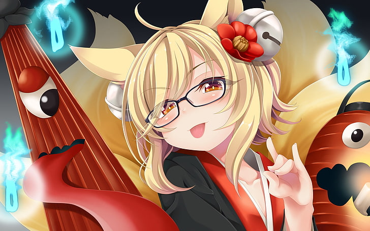 Sennen Sensou Aigis, уши животных, очки, аниме, HD обои