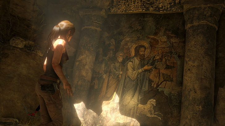 Лара Крофт, компютърни игри, Rise of the Tomb Raider, Rise of Tomb Raider, видео игри, стенописи, Исус Христос, Tomb Raider, HD тапет