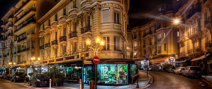 Monaco, city, night, lantern, street, HD wallpaper
