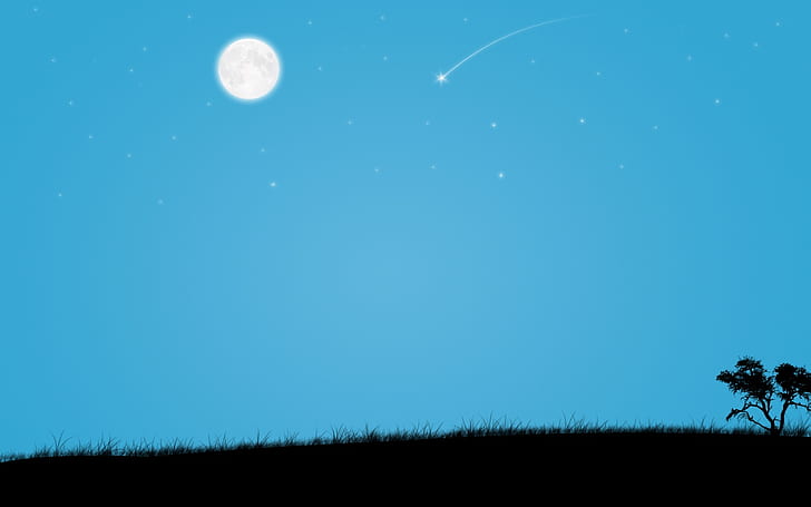 مشهد غامق أزرق عالي الدقة، قمر تحت النجوم مع رسم نجمة ساقطة، طبيعة 