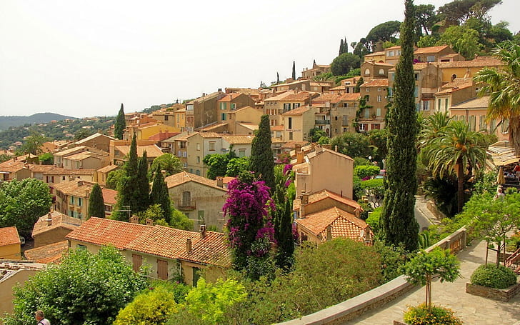 Provence Cote D Azure, brązowa działka, domy, Prowansja, wzgórze, Lazurowe Wybrzeże, przyroda i krajobrazy, Tapety HD