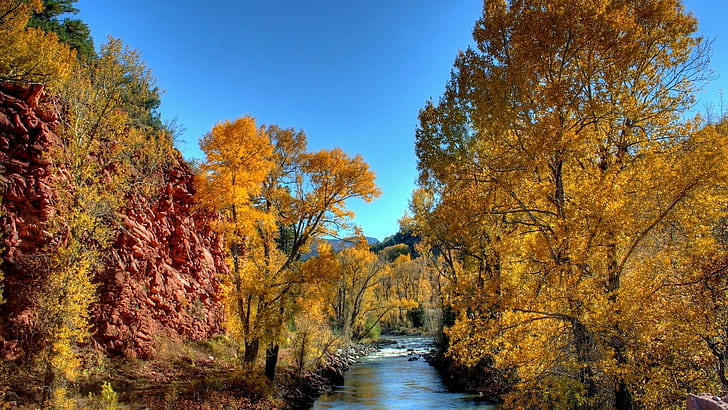 Beautiful River In Autumn Hdr, yellow leafed trees, trees, river, autumn, nature and landscapes, HD wallpaper