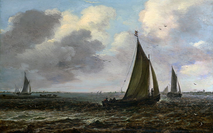 ptaki, morze, sztuka klasyczna, Jan van Goyen, żaglowiec, niebo, malarstwo, Tapety HD
