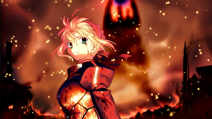 personagem de anime feminino ruiva, cercada por chamas, papel de parede digital, anime, garotas de anime, Fate Series, Type-Moon, Saber, obras de arte, loira, HD papel de parede