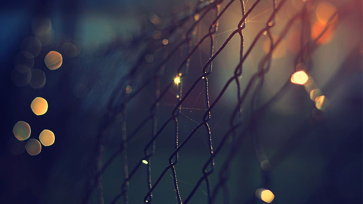 close-up photo of cyclone fence, macro shot photography of cyclone fence with light bokeh, depth of field, fence, bokeh, macro, sunlight, lights, metal, HD wallpaper