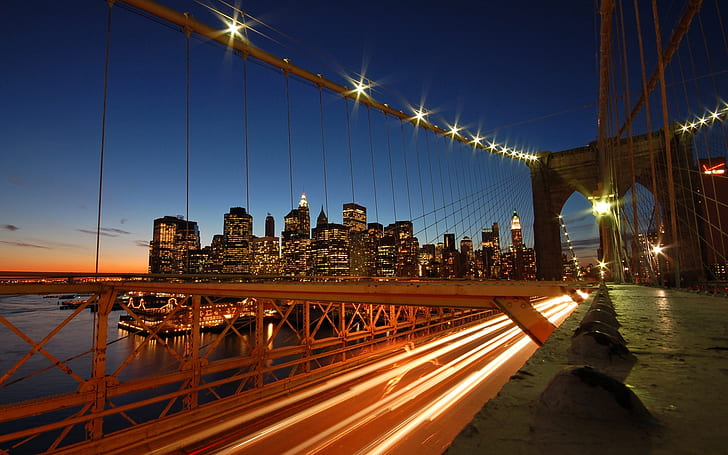 градски пейзажи силует светлини архитектура мостове сгради Бруклин мост трафик Ню Йорк Сити манха Архитектурни мостове HD Art, градски пейзажи, силует, HD тапет