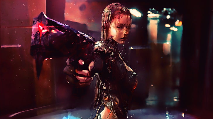 femme avec pistolet 3D illustration, nuit, œuvres d'art, ville futuriste, cyberpunk, cyber, science fiction, art numérique, art conceptuel, art fantastique, futuriste, Fond d'écran HD