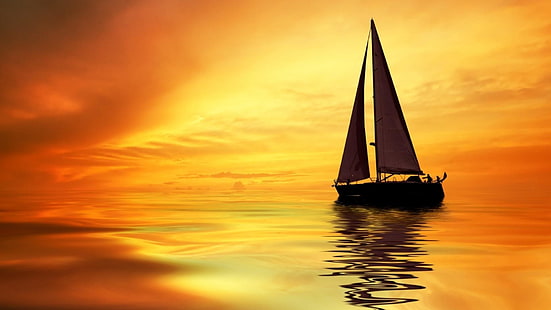 calma, cielo, tramonto, bagliore, orizzonte, vela, mare, veliero, barca a vela, riflesso, oceano, acqua, Sfondo HD HD wallpaper