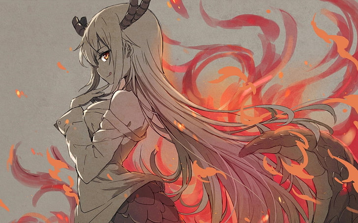 Драконовата прислужница на мис Кобаяши, Тору (Kobayashi-san Chi no Maid Dragon), огън, гледащ зрителя, изваден език, рога, дълга коса, HD тапет
