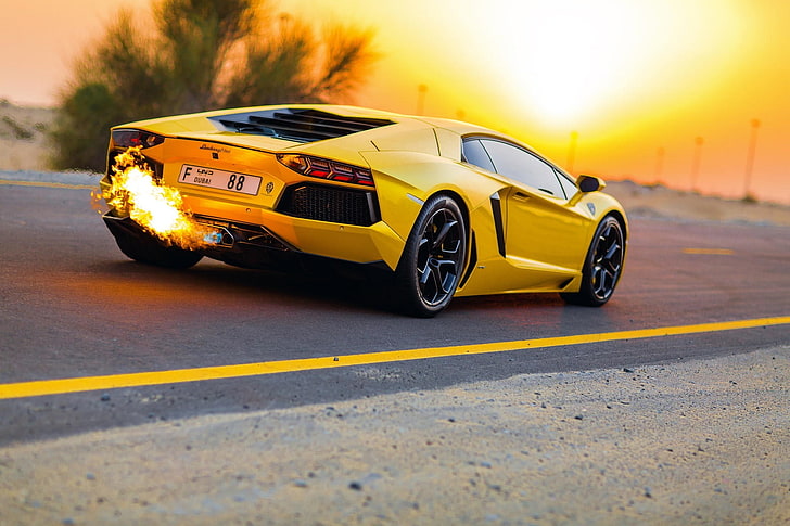 yellow Ferrari coupe, Road, Yellow, Lamborghini, Dubai, LP700-4, Aventador, HD wallpaper