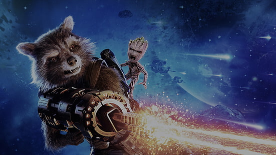 Illustration de Rocket Raccoon et Baby Groot, Les Gardiens de la Galaxie Vol.2, univers cinématographique Marvel, films, super-héros, bandes dessinées Marvel, gardiens de la galaxie, Fond d'écran HD HD wallpaper