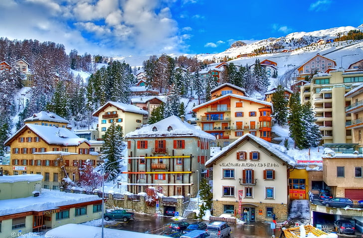 마을, 세인트 모리츠, 눈, 스위스, 겨울, HD 배경 화면