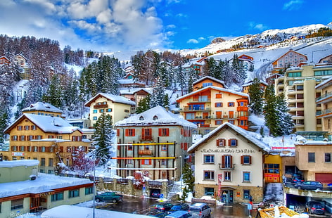 Pueblos, St. Moritz, Nieve, Suiza, Invierno, Fondo de pantalla HD HD wallpaper