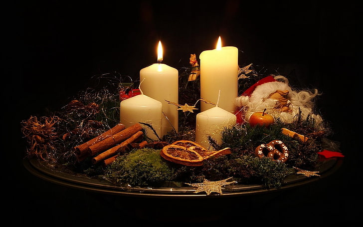four white pillar candles, christmas candles, tray, pine needles, cinnamon, lemon, santa claus, face, HD wallpaper