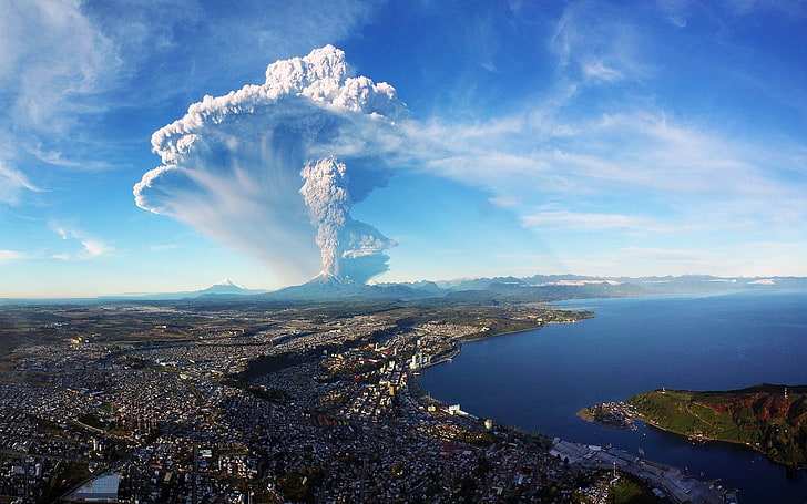 Ceniza, Volcán Calbuco, Chile, Paisaje urbano, erupción, paisaje, naturaleza, Puerto Montt, mar, humo, Fondo de pantalla HD
