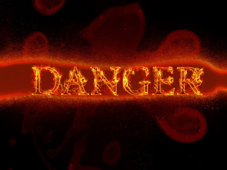 оранжевый огонь опасность текст, опасность, огонь, знак, тень, фон, темнота, HD обои