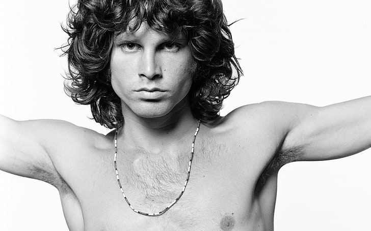 men, musician, monochrome, singer, shirtless, Jim Morrison, looking at viewer, face, white background, legends, portrait, long hair, The Doors (Music), HD wallpaper