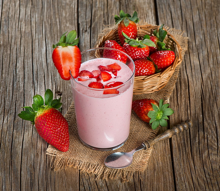glass, Breakfast, milk, strawberry, yogurt, HD wallpaper