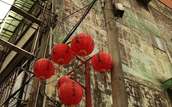 шесть красных китайских фонарей, городской пейзаж, фонарь, городской, здание, дом, город, стена, красный, HD обои