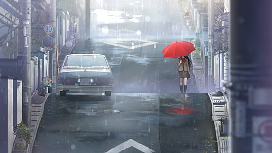 аниме момичета, аниме, Aozaki Aoko, чадър, ученичка, дъжд, улица, манга, Mahoutsukai no Yoru, градски, HD тапет HD wallpaper