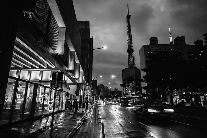 black and white, buildings, city, contrast, dark, dramatic, lights, night, street, tower, HD wallpaper