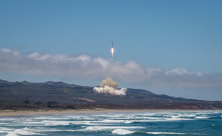 rocket, SpaceX, rocket, photography, smoke, beach, HD wallpaper