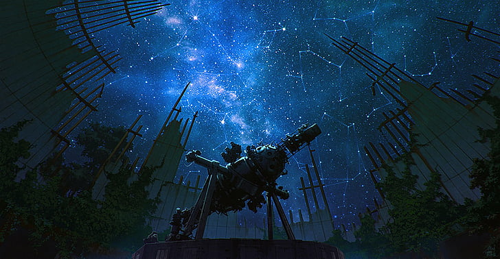 Anime, Original, Fantasy, Galaxy, Night, Observatory, Stars, Telescope, HD wallpaper