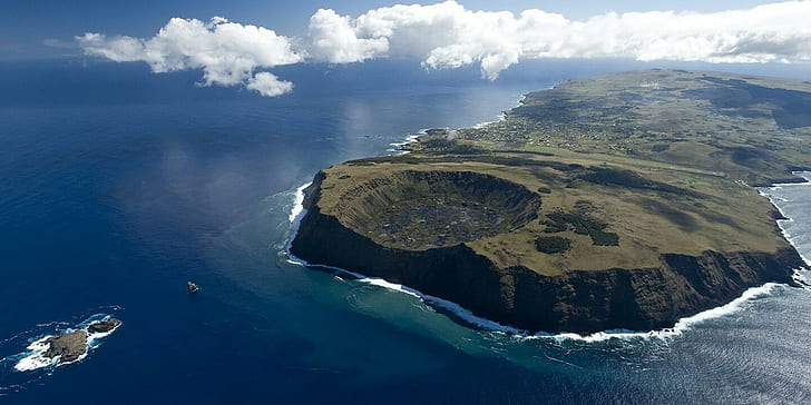 crater, clouds, island, landscape, sea, volcano, nature, photography, Easter Island, Rapa Nui, aerial view, cliff, Chile, HD wallpaper
