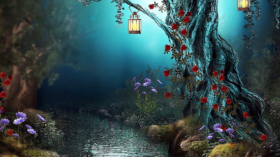 foresta incantata, foresta, lanterne, torrente, fiori, sera, crepuscolo, Sfondo HD HD wallpaper