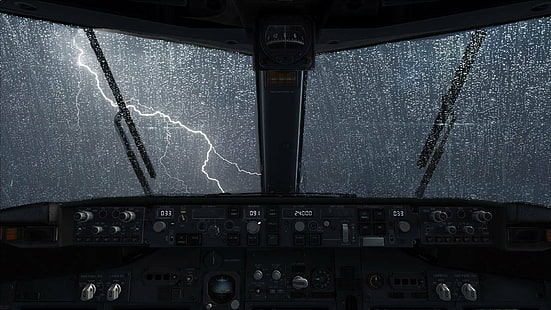 Самолети, самолети, пилотска кабина, мълния, дъжд, буря, капка вода, HD тапет HD wallpaper