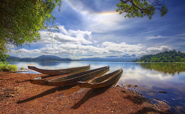 Old Canoes, three brown canoes, Nature, Rivers, Canoes, HD wallpaper