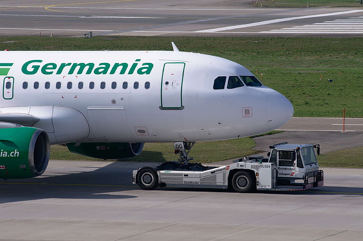 a319, airbus, airbus a319, aircraft, airport, airport zurich, germania, goldhofer, jet, passenger aircraft, prior to, runway, towing vehicle, tractor, travel, tug, zurich, HD wallpaper