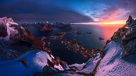 Lofoten Norwegia Sunset Twilight Over The Horizon Musim Dingin Landscape Desktop Hd Wallpaper Layar Penuh 1920 × 1080, Wallpaper HD HD wallpaper
