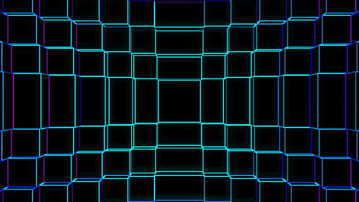 3d, net, lines, graphics, square, cube, grid, blue, black, HD wallpaper