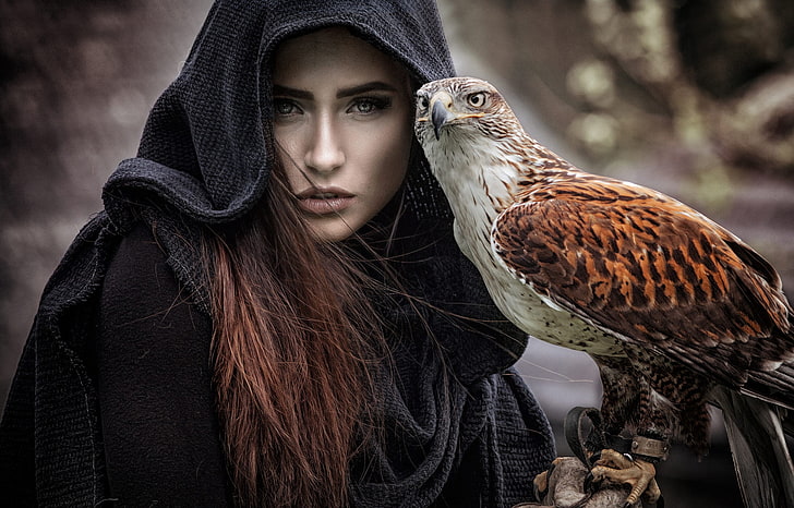 fantasy girl, animals, birds, women, hoods, HD wallpaper