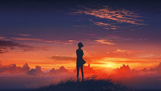 Anime, Sunset, Sunrise, Anime Girls, anime, sunset, sunrise, anime girls, HD wallpaper HD wallpaper