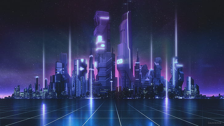 futuristik, kota futuristik, neon, lampu, bangunan, Wallpaper HD
