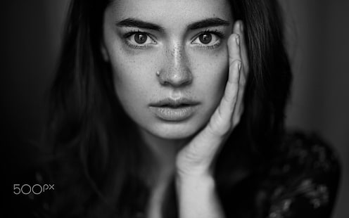 Lidia Savoderova, model, wajah, wanita, berambut cokelat, mata cokelat, monokrom, Babak Fatholahi, Wallpaper HD HD wallpaper