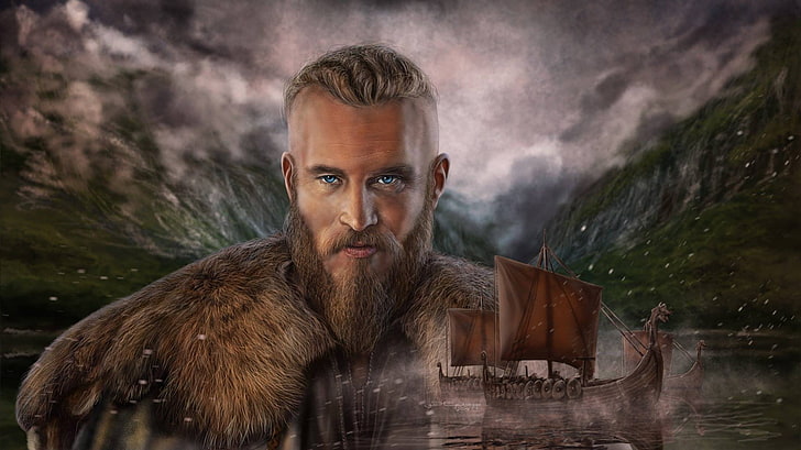 Wallpaper 3D karakter pria, Viking, Drakkar, Seni Sunting, Vikings Ragnar Lothbrok, Vikings Ragnar Lodbrok, Wallpaper HD