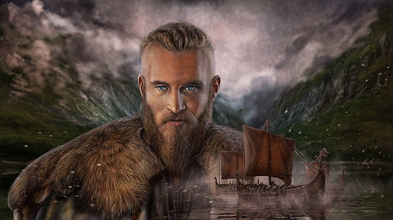 วอลล์เปเปอร์ 3D ตัวละครชาย, Viking, Drakkar, Art Edit, Vikings Ragnar Lothbrok, Vikings Ragnar Lodbrok, วอลล์เปเปอร์ HD HD wallpaper