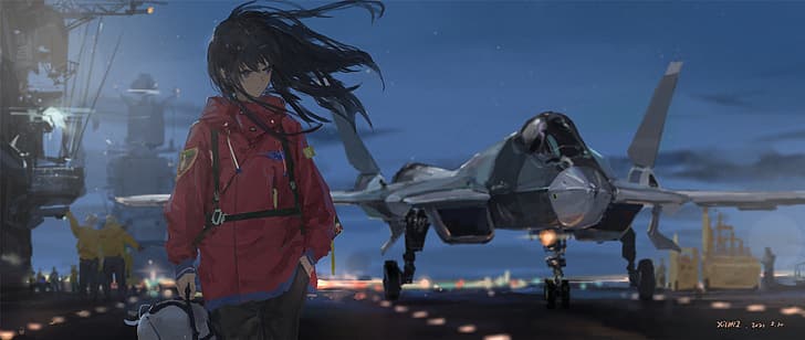 XilmO, anime, anime girls, artwork, Sukhoi Su-57, pesawat militer, malam, rambut panjang, rambut hitam, Wallpaper HD