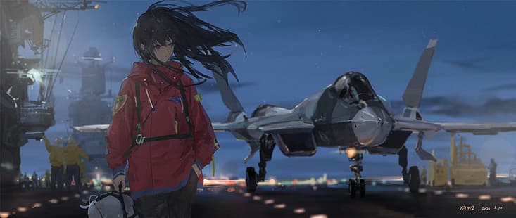 XilmO, anime, anime girls, artwork, Sukhoi Su-57, pesawat militer, malam, rambut panjang, rambut hitam, Wallpaper HD HD wallpaper