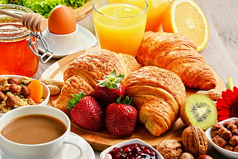 Jedzenie, śniadanie, kawa, rogaliki, owoce, soki, musli, truskawka, Tapety HD HD wallpaper