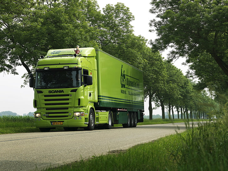 Camión de carga verde Scania, Carretera, Árboles, Camión, Coche, Verde, Scania, Tractor, El remolque, Camiones Scania, Grove, Р500, R500, Fondo de pantalla HD